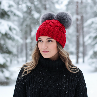 red Women’s Double Pom Pom Winter Hat