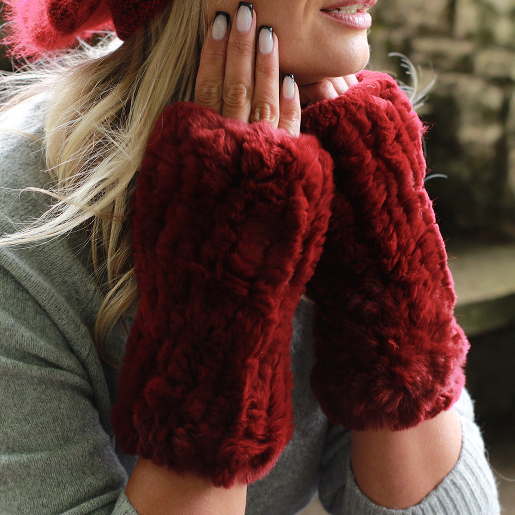 burgundy Natural Rabbit Fur Fingerless Gloves – Soft Knit Winter Hands and Wrists Warmers, Luxury Gift for Her