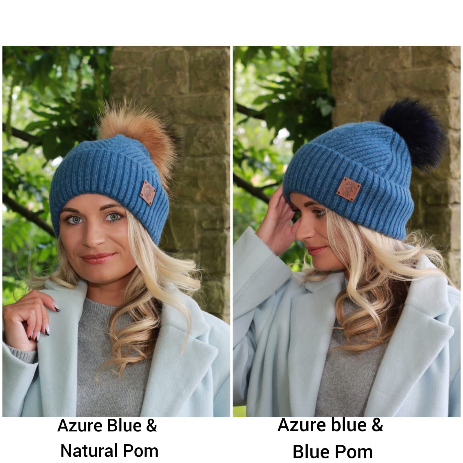 blue Silk-Lined Cashmere Beanie for Women – Frizz-Free Winter Hat with Fox Fur Pom Pom, Cozy Gift for Her, Soft Warm Luxury Beanie
