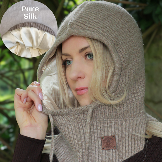 100% Pure Silk Lined Cashmere Hood Balaclava Hat  for Women – Warm Winter Beanie, Soft Knit Hood, Frizz-Free Hair Care, Luxury Gift for Her