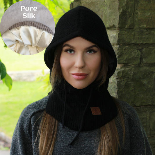 100% Pure Silk Lined Cashmere Hood Balaclava Hat  for Women – Warm Winter Beanie, Soft Knit Hood, Frizz-Free Hair Care, Luxury Gift for Her