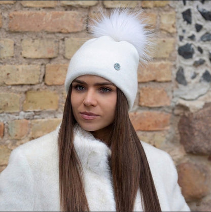 white 100% Mulberry Silk Lined Cashmere Hat