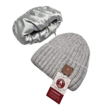 Light grey Smaller Size Cashmere Silk Lined Women's Hat, Winter Windproof beanie, Great for thick, Curly, Frizz-free Hair, Gift For Her