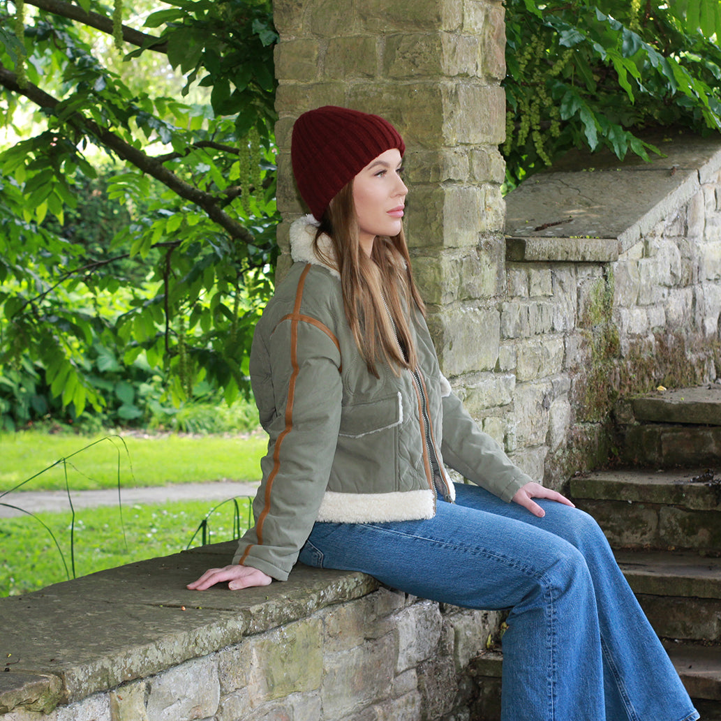 burgundy Smaller Size Cashmere Silk Lined Women's Hat, Winter Windproof beanie, Great for thick, Curly, Frizz-free Hair, Gift For Her