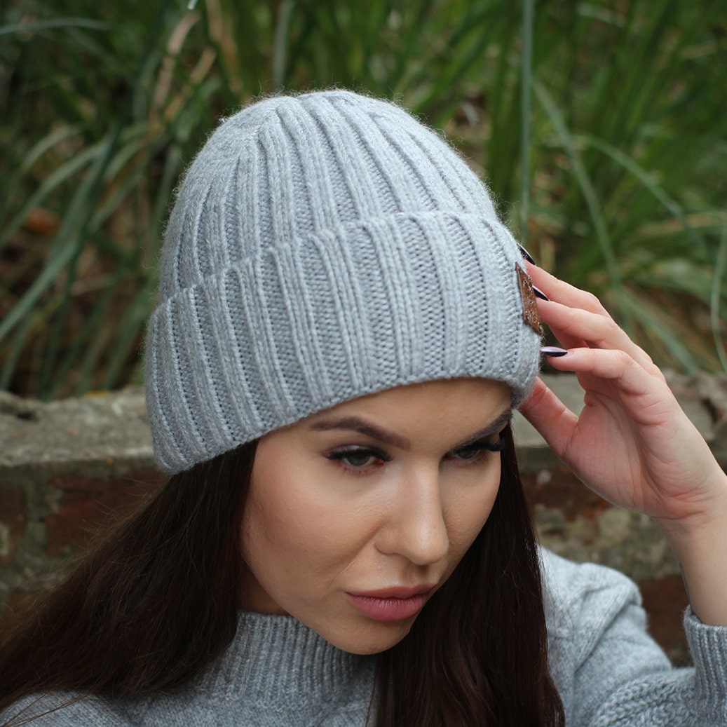 light grey Smaller Size Cashmere Silk Lined Women's Hat, Winter Windproof beanie, Great for thick, Curly, Frizz-free Hair, Gift For Her