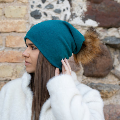 teal blue Women’s Double-Layer Cashmere Beanie – 2-in-1 Style