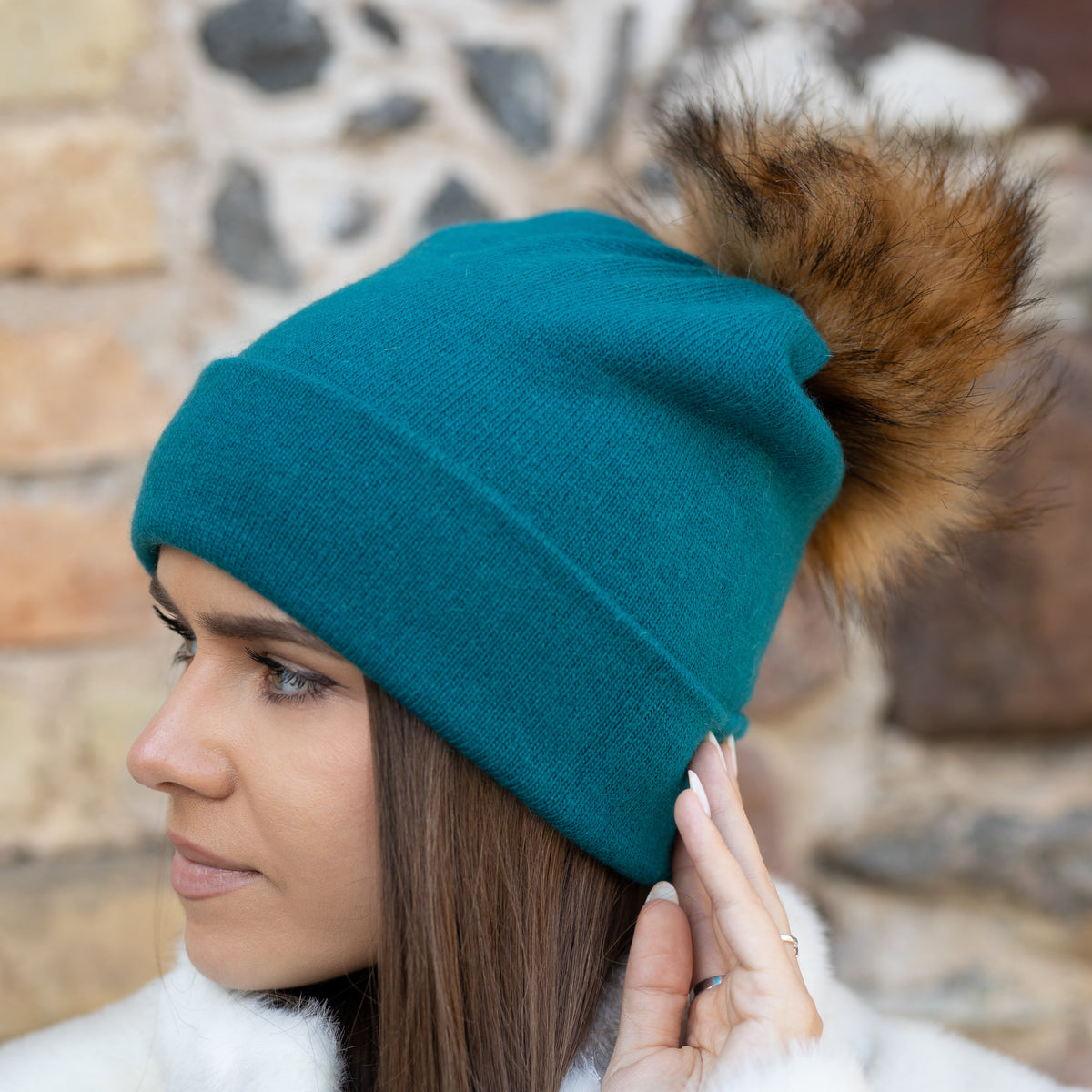teal blue Women’s Double-Layer Cashmere Beanie – 2-in-1 Style
