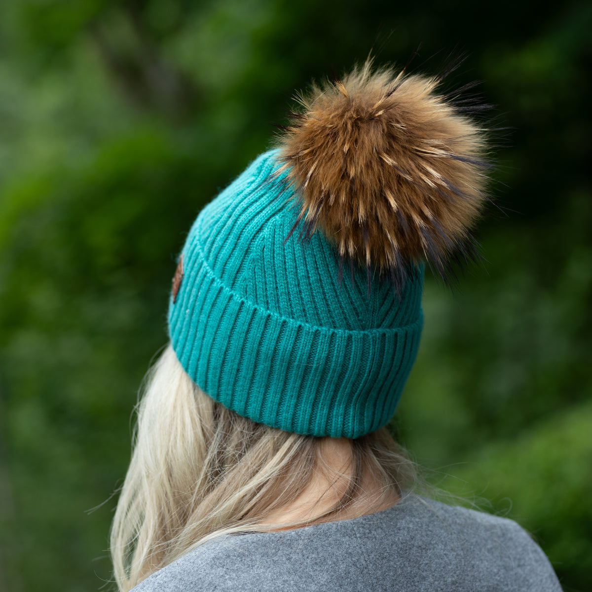 teal 100% Mulberry Silk-Lined Cashmere Beanie with Fox Fur Pom Pom