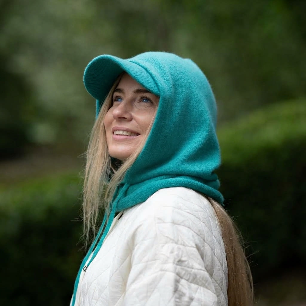 teal blue Cashmere Hooded Hat & Peak Headband Set
