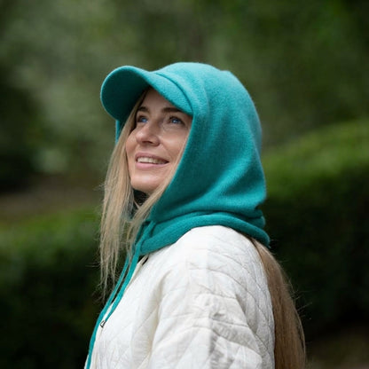 teal blue Cashmere Hooded Hat & Peak Headband Set