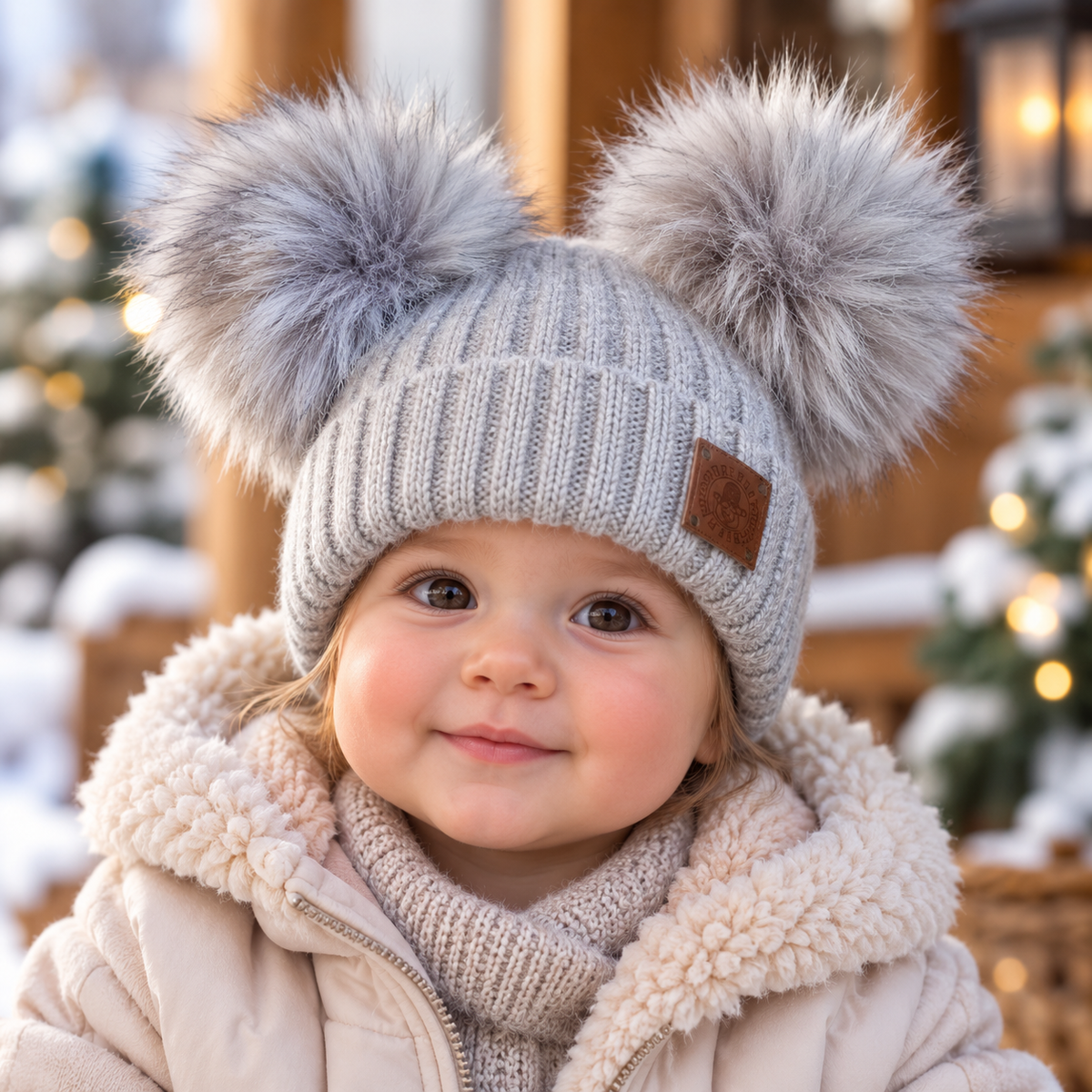 grey Toddler Cashmere & Silk-Lined Winter Hat with Double Pom Poms