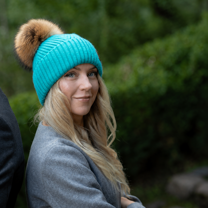 teal Satin-Lined Women’s Cashmere Beanie with Faux Fur Pom Pom