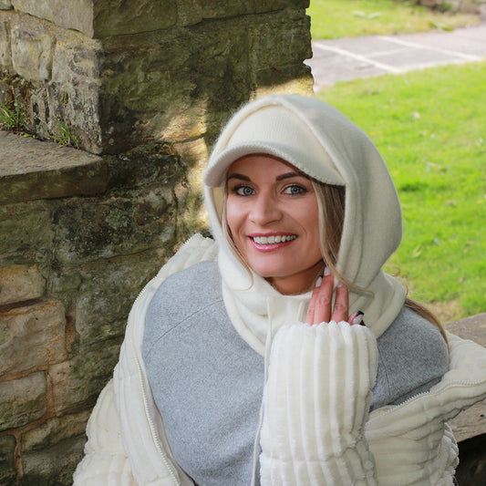 white Cashmere Winter Hood Hat for Women – Warm Hooded Beanie, Soft Knit Balaclava Style, Cozy Head Cover, Luxury Gift for Her