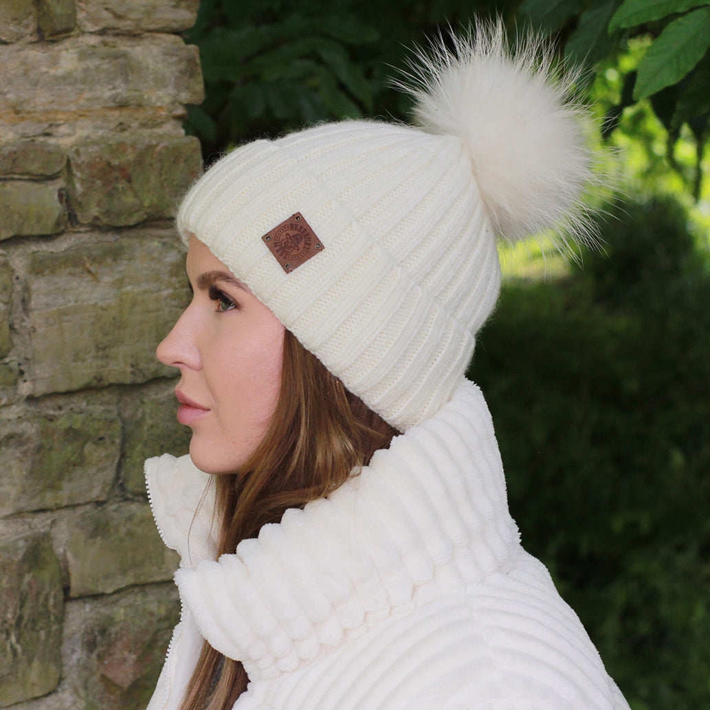 white Silk-Lined Women’s Cashmere Hat – Smaller Size Beanie with Real FOX Fur Pom Pom, Soft & Warm Winter Hat, Gift for Her
