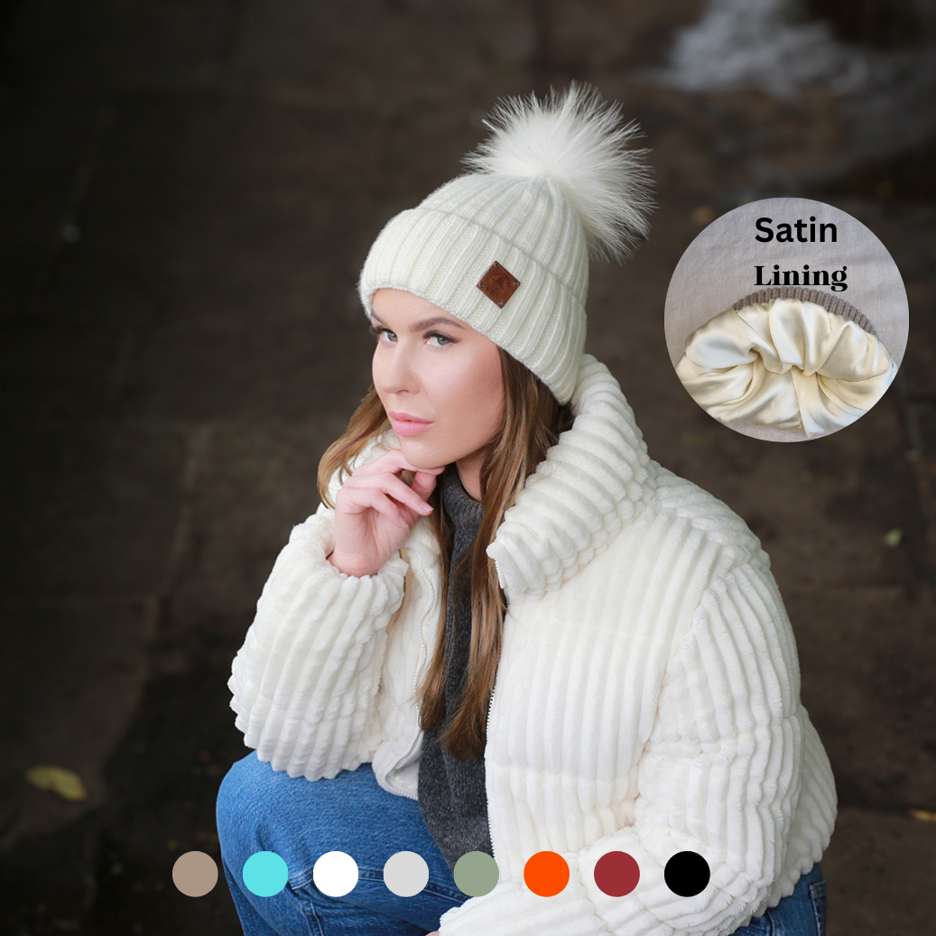 Silk-Lined Women’s Cashmere Hat – Smaller Size Beanie with Real FOX Fur Pom Pom, Soft & Warm Winter Hat, Gift for Her