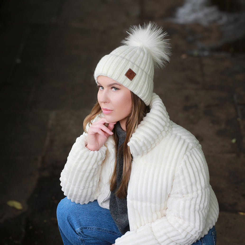 white Silk-Lined Women’s Cashmere Hat – Smaller Size Beanie with Real FOX Fur Pom Pom, Soft & Warm Winter Hat, Gift for Her