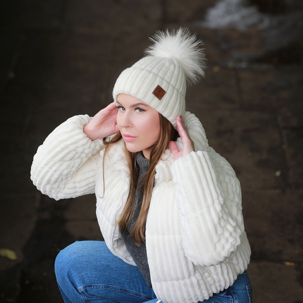 white Silk-Lined Women’s Cashmere Hat – Smaller Size Beanie with Real FOX Fur Pom Pom, Soft & Warm Winter Hat, Gift for Her