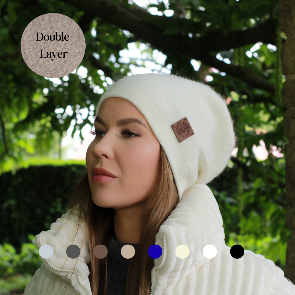 white Cashmere Winter Hat for Women – Soft Double Layer Beanie, Warm and Breathable Knit Hat, Elegant Cold Weather Gift for Her, Minimalist Style