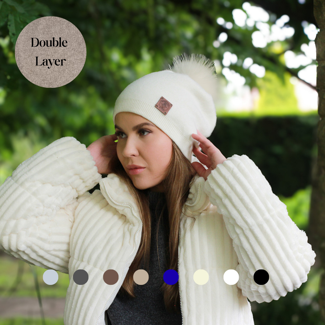 Cashmere Winter Hat for Women – Soft Double Layer Beanie, Warm and Breathable Knit Fox Fur Pom Pom Hat, Elegant Cold Weather Gift for Her