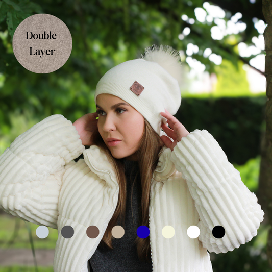 Cashmere Winter Hat for Women – Soft Double Layer Beanie, Warm and Breathable Knit Fox Fur Pom Pom Hat, Elegant Cold Weather Gift for Her