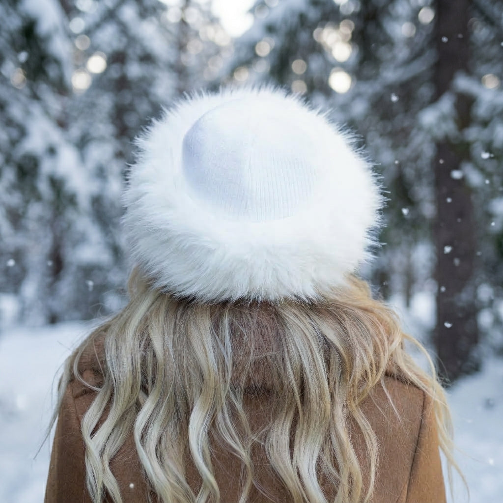 white Women’s Cashmere Hat with Faux Fur Trim