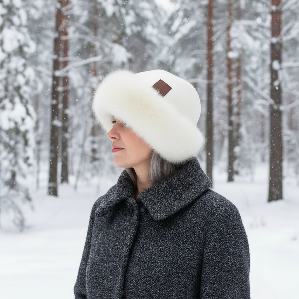 white Women’s Winter Cashmere Double Layer Hat – Elegant Faux Fur Trim Beanie, Warm & Stylish Gift for Her