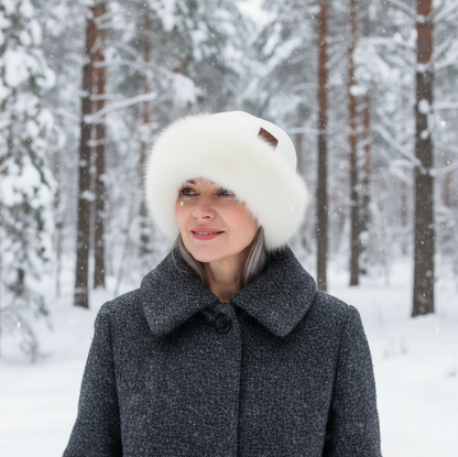 white Women’s Winter Cashmere Double Layer Hat – Elegant Faux Fur Trim Beanie, Warm & Stylish Gift for Her