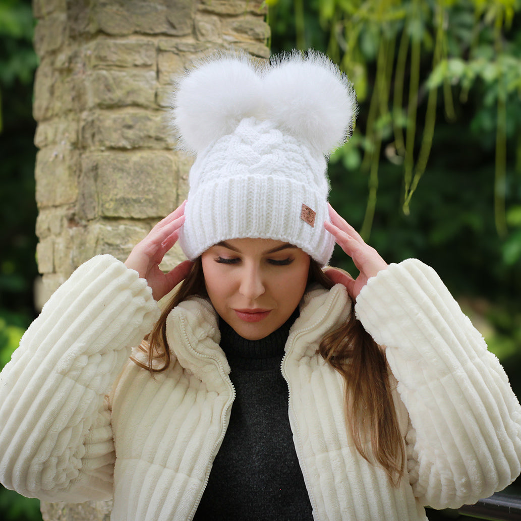 white Women’s Double Pom Pom Winter Hat – Fleece-Lined Wool Beanie, Windproof & Warm, Cute Cold Weather Gift for Girls or Her