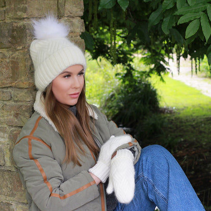 white Cashmere Hat and Mittens Set for Women – Warm Winter Beanie with Faux Fur Pom Pom, Soft Luxury Gift Set For Her, Cozy and Stylish Accessory