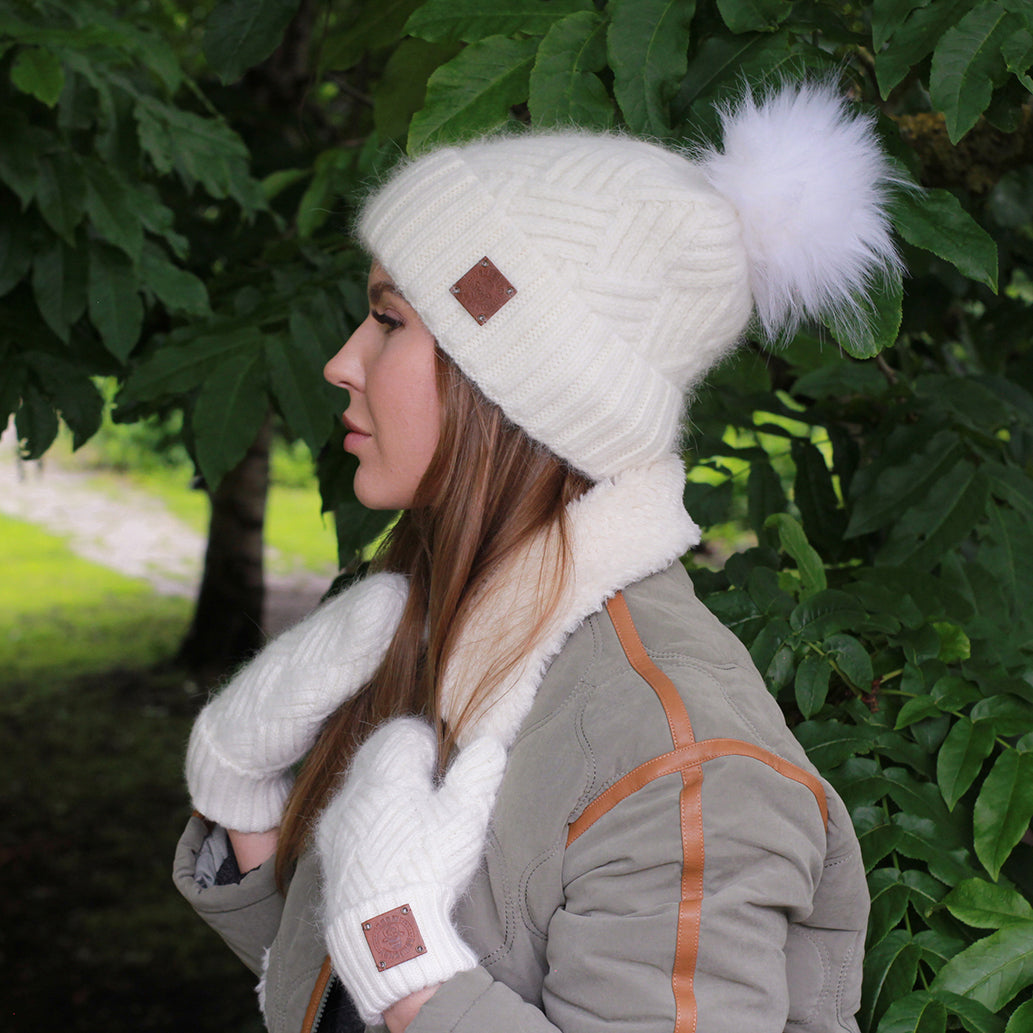 white Cashmere Hat and Mittens Set for Women – Warm Winter Beanie with Faux Fur Pom Pom, Soft Luxury Gift Set For Her, Cozy and Stylish Accessory