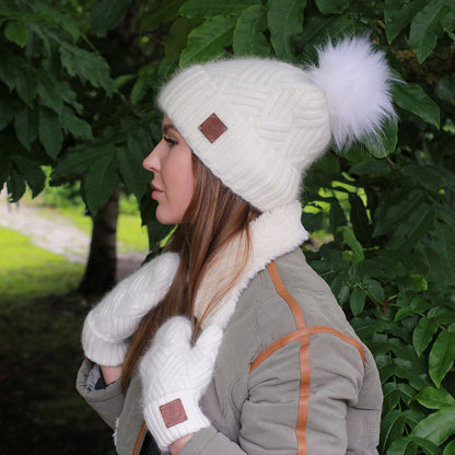 white Cashmere Hat and Mittens Set for Women – Warm Winter Beanie with Faux Fur Pom Pom, Soft Luxury Gift Set For Her, Cozy and Stylish Accessory