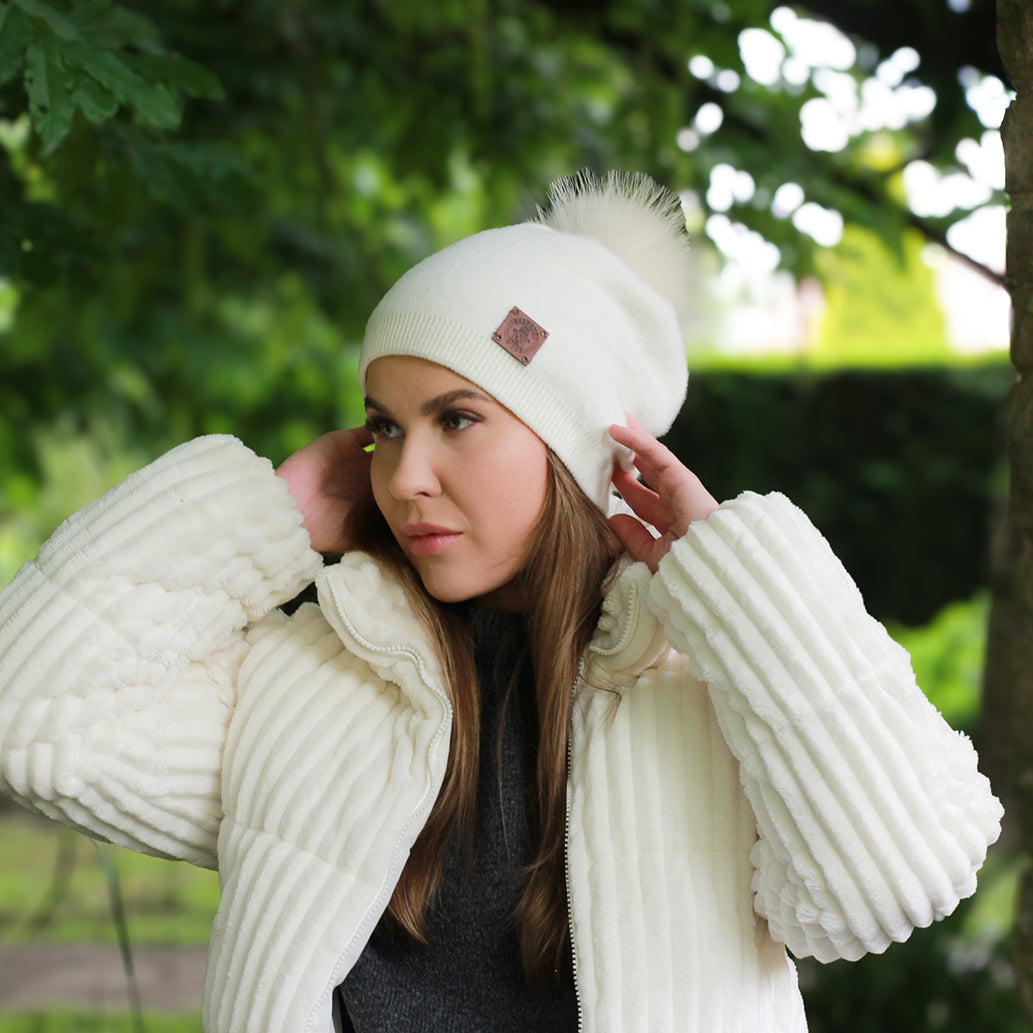 white Cashmere Winter Hat- Double Layer