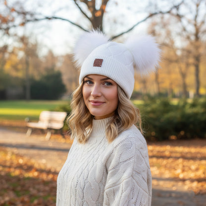Cashmere double fox fur pom pom hat, Cozy and warm women's girl's bobble beanie, Gift for her