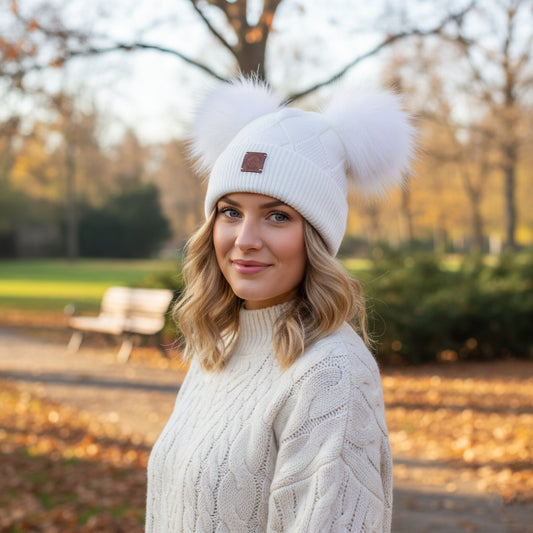 Cashmere double fox fur pom pom hat, Cozy and warm women's girl's bobble beanie, Gift for her