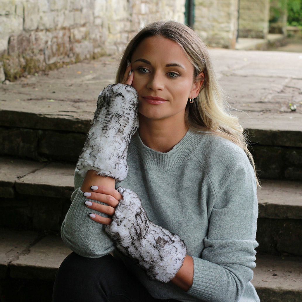 white Natural Rabbit Fur Fingerless Gloves – Soft Knit Winter Hands and Wrists Warmers, Luxury Gift for Her