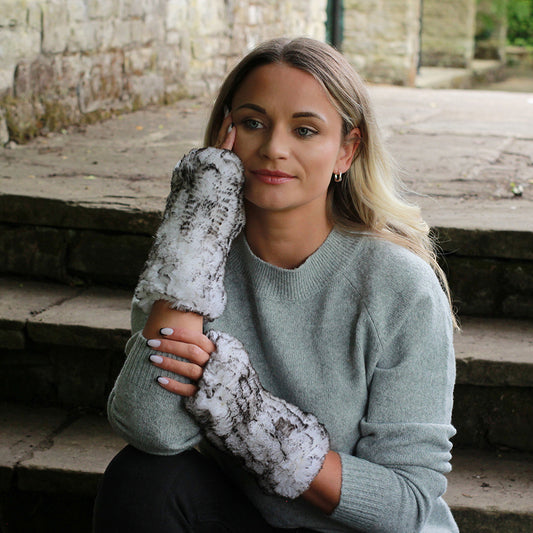 white Natural Rabbit Fur Fingerless Gloves – Soft Knit Winter Hands and Wrists Warmers, Luxury Gift for Her