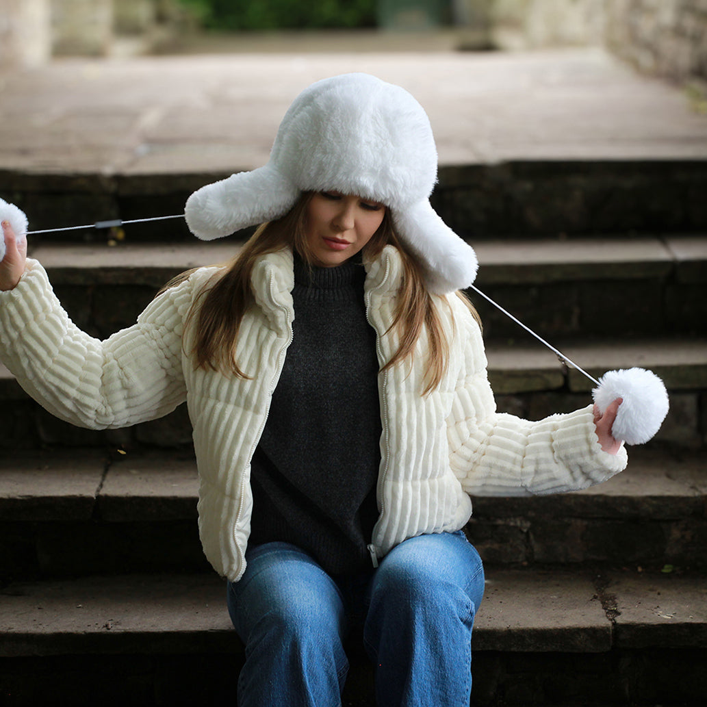 white Luxury Faux Fur Trapper Hat – Windproof Earflap Hat for Women, Warm Winter Lined Snow Hat, Cozy Gift for Her