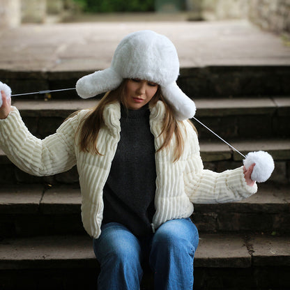 white Luxury Faux Fur Trapper Hat – Windproof Earflap Hat for Women, Warm Winter Lined Snow Hat, Cozy Gift for Her