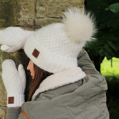 white Cashmere Hat and Mittens Set for Women – Warm Winter Beanie with Fox Fur Pom Pom, Soft Luxury Gift Set For Her, Cozy and Stylish Accessory