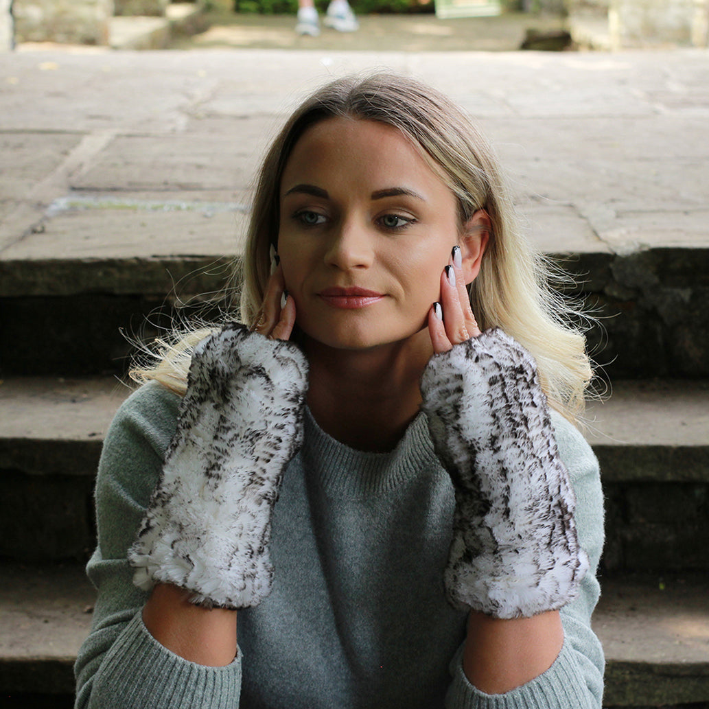 whiteNatural Rabbit Fur Fingerless Gloves – Soft Knit Winter Hands and Wrists Warmers, Luxury Gift for Her 