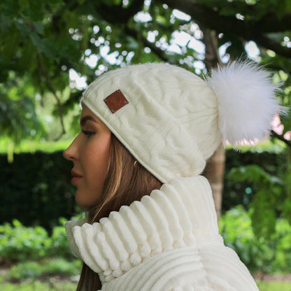white Women's Cashmere Slouchy Winter Hat with Faux Fur Pom Pom – Soft Double Layer Beanie, Warm Knit Gift for Her