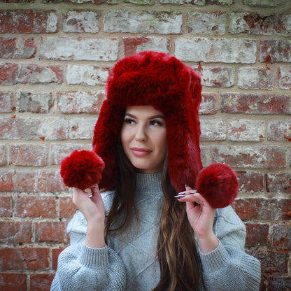 burgundy Luxury Faux Fur Trapper Hat – Windproof Earflap Hat for Women, Warm Winter Lined Snow Hat, Cozy Gift for Her