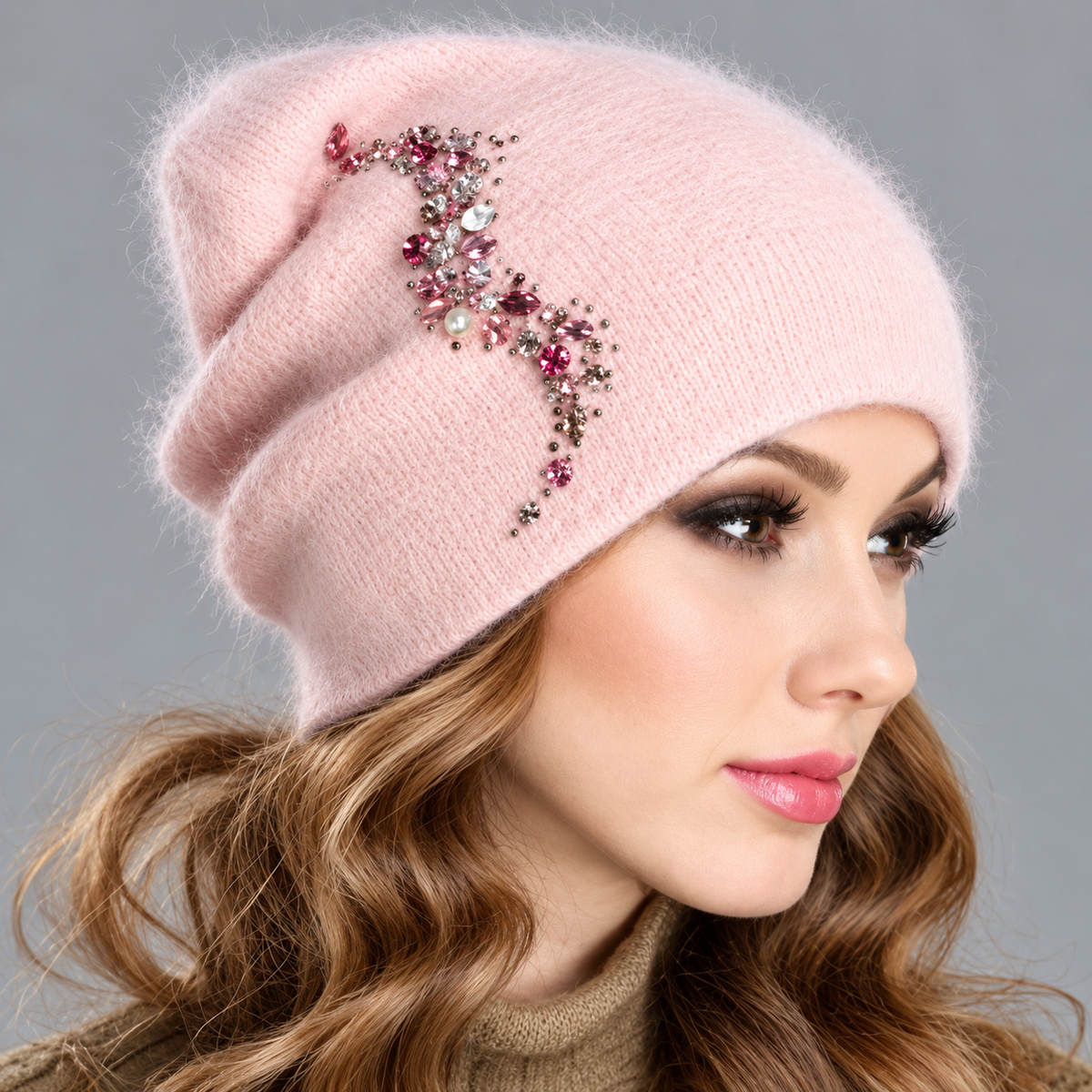 pink Crystal embroidered hat, Angora wool womens beanie