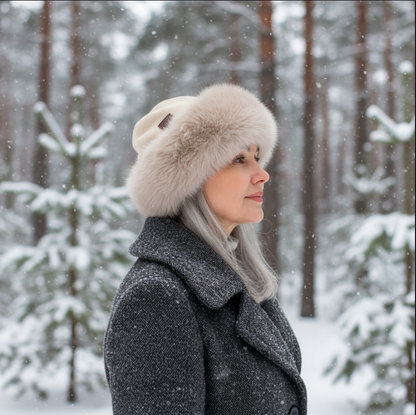 beige Women’s Winter Cashmere Double Layer Hat – Elegant Faux Fur Trim Beanie, Warm & Stylish Gift for Her