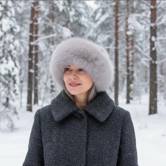 grey Women’s Winter Cashmere Double Layer Hat – Elegant Faux Fur Trim Beanie, Warm & Stylish Gift for Her