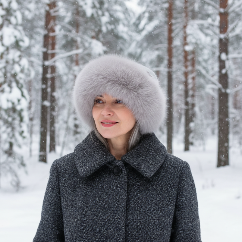 grey Women’s Winter Cashmere Double Layer Hat – Elegant Faux Fur Trim Beanie, Warm & Stylish Gift for Her