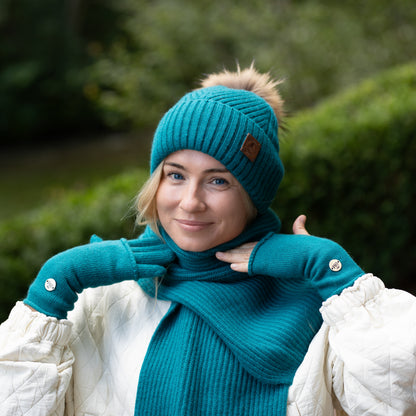 100% Mulberry Silk Lined Cashmere Hat – Faux Fur Pom Pom