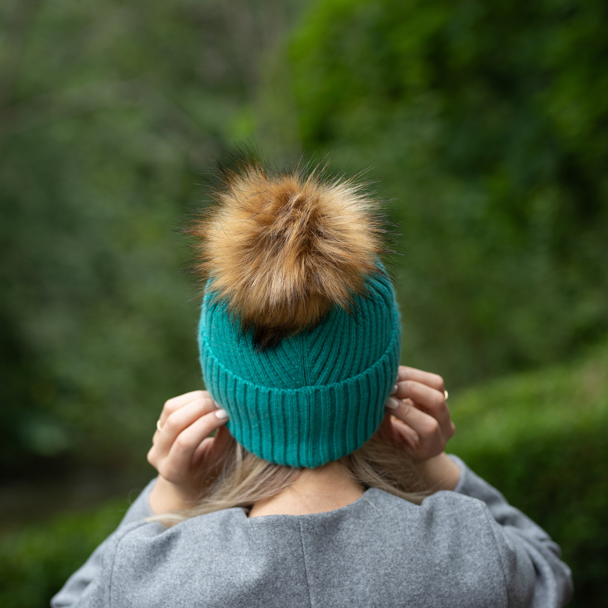 teal Satin-Lined Women’s Cashmere Beanie with Faux Fur Pom Pom