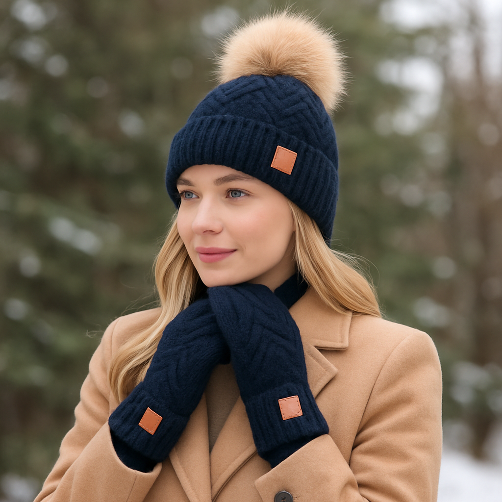 black Women's cashmere hat and mittens set, Fox fur pom pom cashmere hat,Warm and soft winter cashmere set for women's. Luxurious Gift for her.