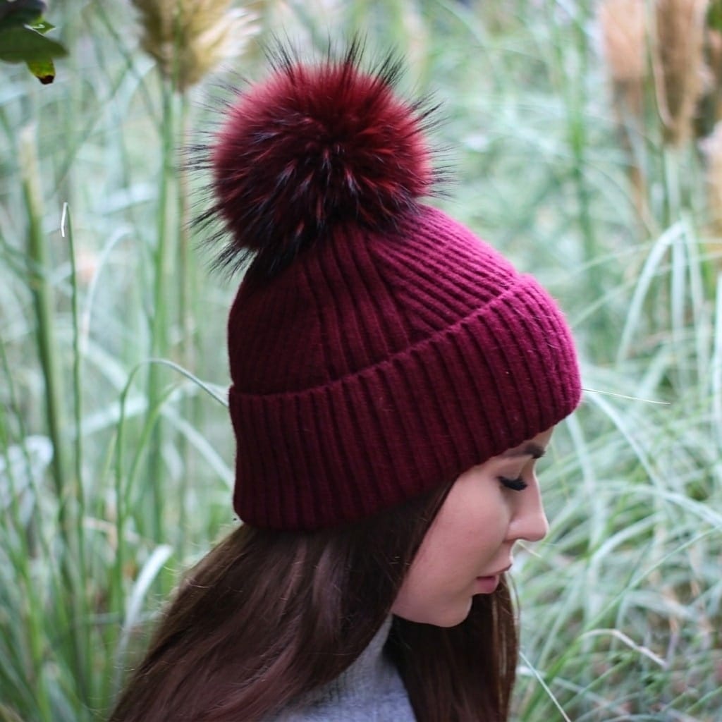 burgundy 100% Mulberry Silk-Lined Cashmere Beanie with Fox Fur Pom Pom